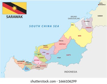 administrative and political map of the malayan division sarawak with flag