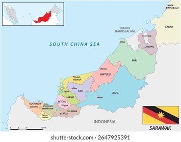 Mapa administrativo e político do sarawak da divisão malaia