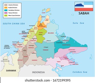 administrative and political map of the malayan state sabah with flag