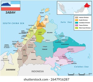 Mapa administrativo e político do estado malaio de Sabah