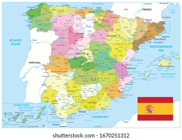 Administrative Political Map of Spain. All elements are separated in editable layers clearly labeled. Vector illustration.