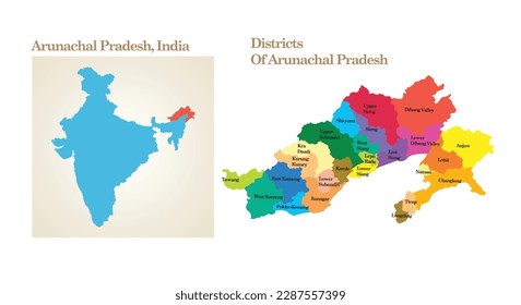 administrative and political map of the State Arunachal Pradesh in India.
