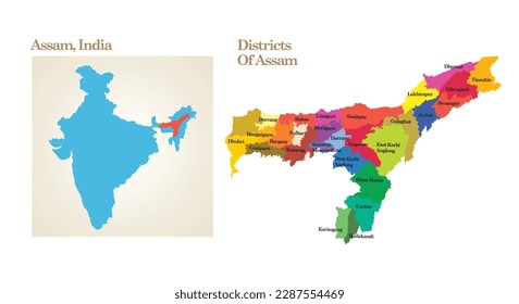 administrative and political map of the State Assam in India.