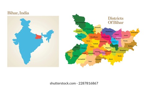 mapa administrativo y político del estado de Bihar en India.