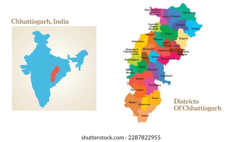 mapa administrativo y político del estado de Chhattisgarh en India.