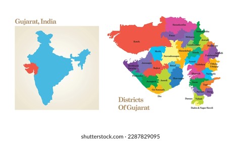 administrative and political map of the State Gujarat in India.