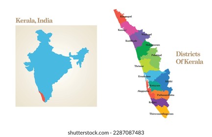 administrative and political map of the State Kerala in India.