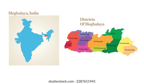 administrative and political map of the State Meghalaya in India.