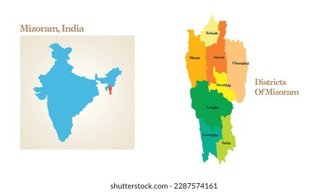 mapa administrativo y político del estado Mizoram en India.