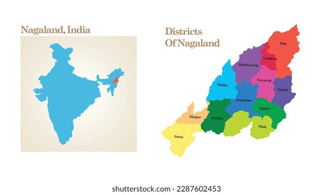 mapa administrativo y político del estado de Nagaland en la India.