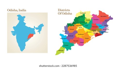 administrative and political map of the State Odisha in India.
