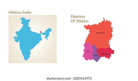 administrative and political map of the State Sikkim in India.