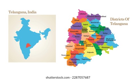 administrative and political map of the State Telangana in India.