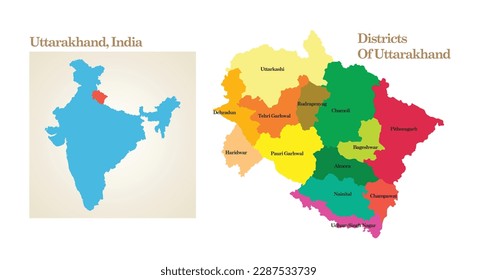 mapa administrativo y político del estado Uttarakhand en India.