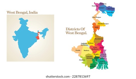 administrative and political map of the State West Bengal in India.