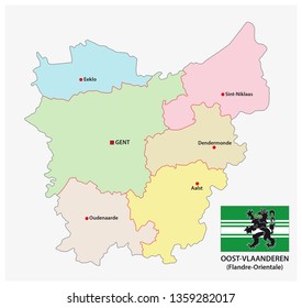 administrative and political vector map of the belgian province East Flanders with flag