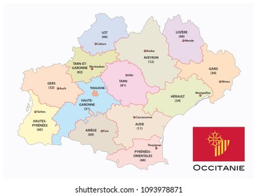 administrative and political vector map of the occitanie region with flag, france
