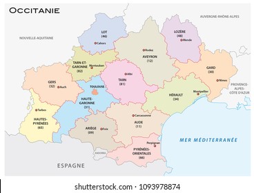administrative and political vector map of the occitanie region, france