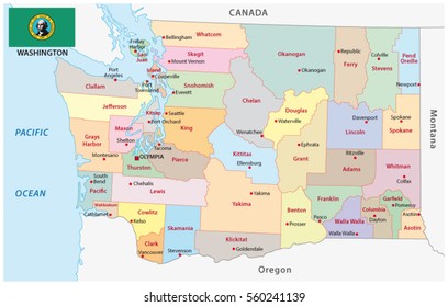 Administrative and political vector map of the US state of Washington with flag