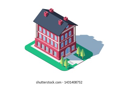Administrative red building vector illustration. Beautiful structure located in place scenery with trees and grass. Big apartment made of bricks with chimneys and windows isometric 3d style