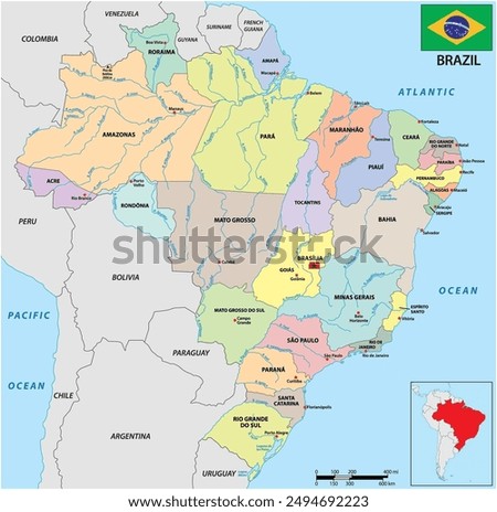 Administrative and river map of the South American state of Brazil