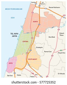 Mapa administrativo, de carreteras y vectores políticos de la ciudad israelí de Tel Aviv-Jaffa