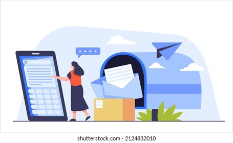 The administrative staff sends emails to the company's customers online with their smartphones. cartoon people vector illustration