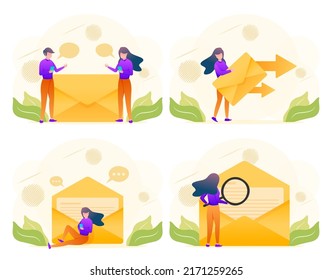The administrative staff sends emails to the company's customers online with their smartphones. cartoon people vector illustration