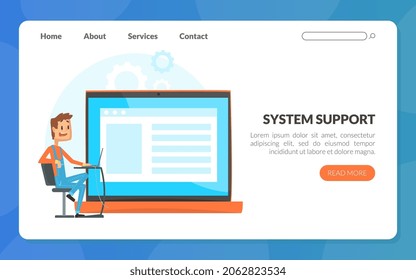 Administrative Support Service with Sysadmin Fixing Server on Computer Screen Web Banner Template