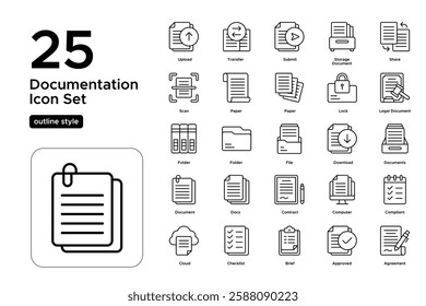 Administrative Tasks and Office Paperwork. Paper Stacks, Notebooks, and Checklists. Vector Illustration. Outline icon set