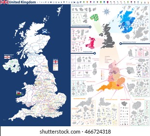 administrative units map of United Kingdom with administrative divisions(counties,areas,districts,etc.)and flags of England, Wales, Scotland and Northern Irelnad. All elements entitled and easy-to-use