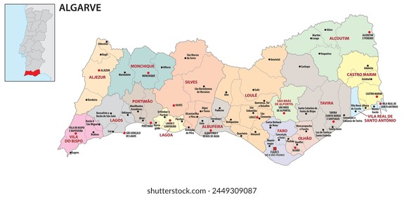 Administrative vector map of the Algarve region, Portugal