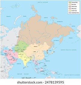 Administrative vector map of Asia divided into the six main regions