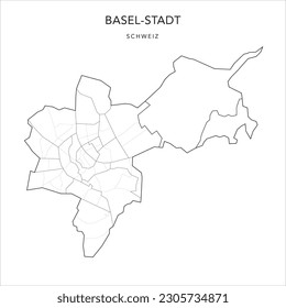 Administrative Vector Map of the Canton of Basel-City (Basel-Stadt) with Borders of Municipalities (Gemeinde) and the Quarters and Residential Districts of the City of Basel as of 2023 - Switzerland