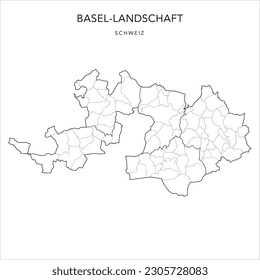 Administrative Vector Map of the Canton of Basel-Country (Basel-Landschaft) with Borders of Districts (Bezirke) and Municipalities (Gemeinde) as of 2023 - Switzerland