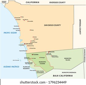 Administrative vector map of the cross-border agglomeration San Diego-Tijuana, Mexico, United States