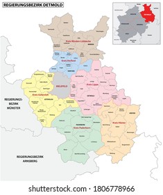 administrative vector map of the Detmold region in German language, North Rhine-Westphalia, Germany