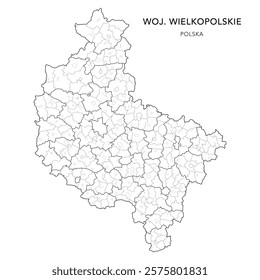 Administrative Vector Map of the Greater Poland Voivodeship (Wielkopolskie) with Municipality Areas (Obszary Gmin), Municipalities (Gminy), and Counties (Powiaty) Subdivisions - Poland (Polska) 2025 