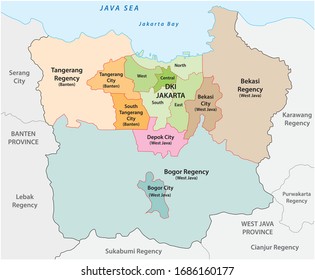 Administrative vector map of the Jakarta metropolitan area, the most populous metropolitan area in Indonesia