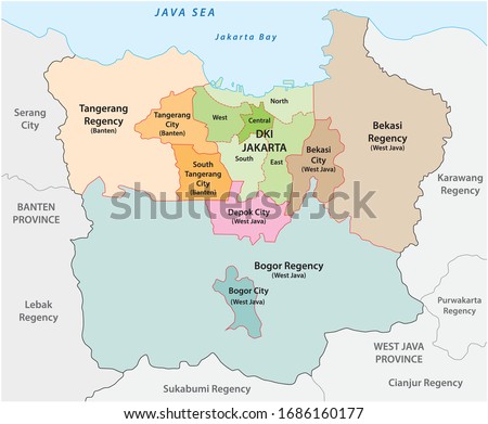 Administrative vector map of the Jakarta metropolitan area, the most populous metropolitan area in Indonesia