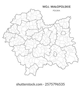 Administrative Vector Map of Lesser Poland Voivodeship (Małopolskie) with Municipality Areas (Obszary Gmin), Municipalities (Gminy), Counties (Powiaty) and Krakow Districts (Dzielnica) - Poland 2025