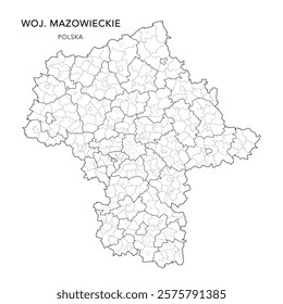 Administrative Vector Map of the Masovian Voivodeship (Mazowieckie) with Municipality Areas (Obszary Gmin), Municipalities (Gminy), Counties (Powiaty) and Warsaw Districts (Dzielnica) - Poland 2025