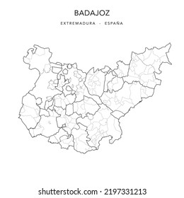 Administrative Vector Map of the Province of Badajoz (Extremadura, Spain) with Jurisdictions, Associations of Municipalities (Mancomunidades Integrales), Comarques (Comarcas) and Municipalities 2022