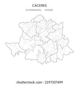 Administrative Vector Map of the Province of Cáceres (Extremadura, Spain) with Jurisdictions, Associations of Municipalities (Mancomunidades Integrales or Comarcas) and Municipalities as of 2022