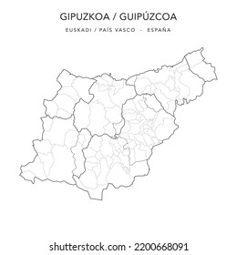 Verwaltungskarte der Provinz Gipuzkoa oder Guipúzcoa (Baskenland) mit Gerichtsbarkeiten (Partidos Judiciales), Kormarques (Comarcas) und Gemeinden (Municipios) ab 2022 - Spanien