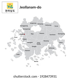 administrative vector map of the South Korean province of Jeollanam-do with flag 