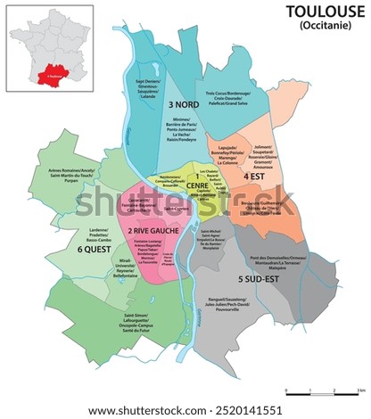 Administrative vector map of the southern French city of Toulouse