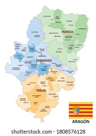 administrative vector map of the spanish autonomous region of Aragon with flag