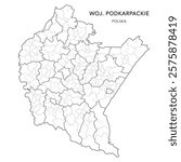 Administrative Vector Map of the Subcarpathian Voivodeship (Podkarpackie) with Municipality Areas (Obszary Gmin), Municipalities (Gminy), and Counties (Powiaty) Subdivisions - Poland (Polska) 2025