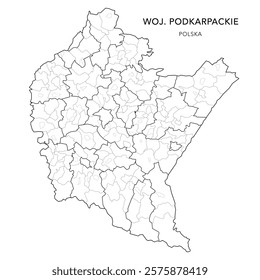 Administrative Vector Map of the Subcarpathian Voivodeship (Podkarpackie) with Municipality Areas (Obszary Gmin), Municipalities (Gminy), and Counties (Powiaty) Subdivisions - Poland (Polska) 2025